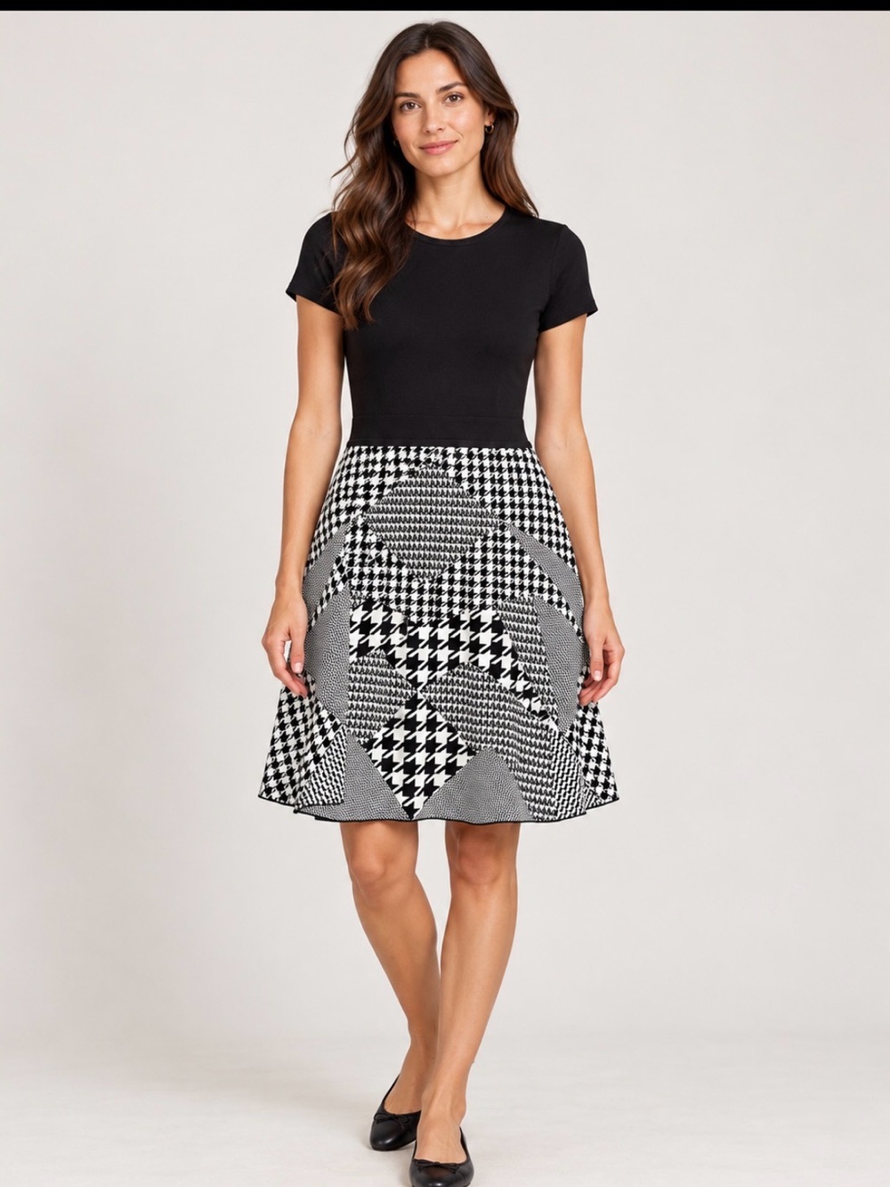 Parker Black & White Patchwork Houndstooth A-Line Skirt